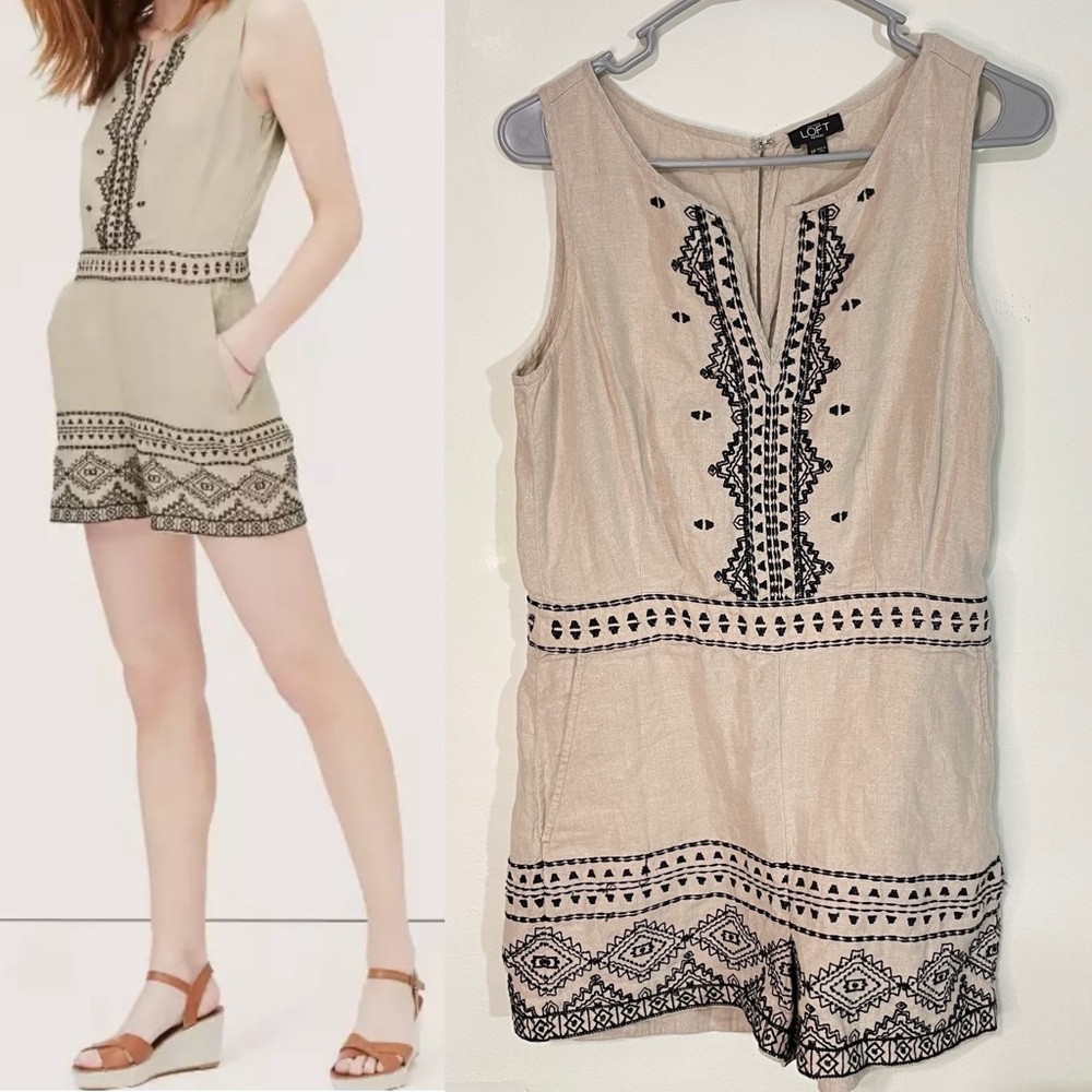 LOFT Boho Beige and Black Embroidered Linen Romper 8 P